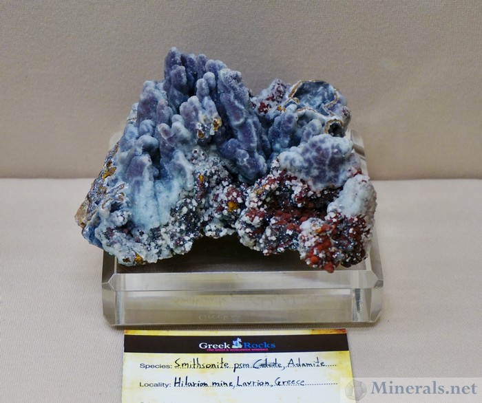 Blue Smithsonite pseudomorph Calcite Adamite Hilarion Mine, Lavrion, Greece