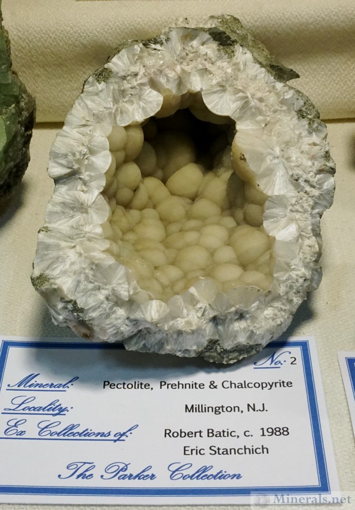 Pectolite, Prehnite, and Chalcopyrite Geode, Millington, NJ