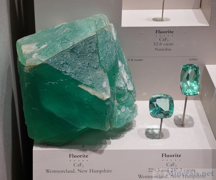 Green Fluorite Crystal and Cut Gems from Westmoreland, New Hampshire