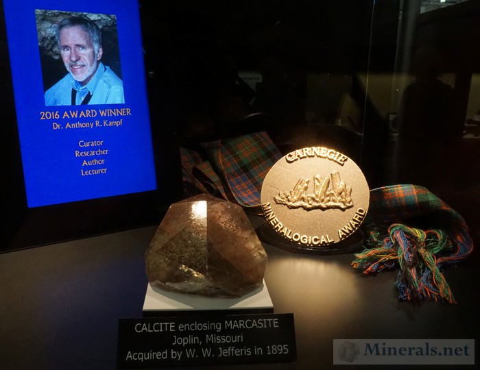 Calcite Enclosing Marcasite from Joplin, IL with Carnegie Mineralogical Award to Dr. Anthony R. Kampf