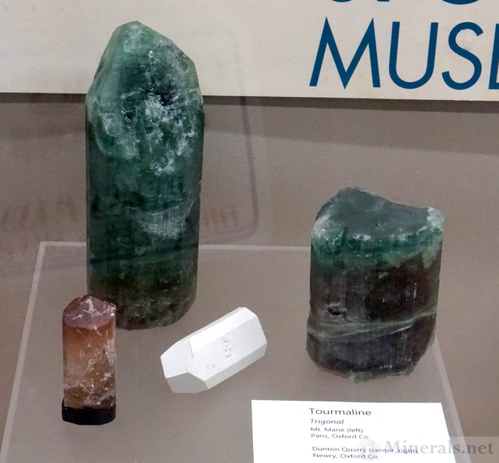 Tourmaline from Mt. Marie, Paris (L) and the Dunton Quarry, Newry (R), Maine, Maine Mineral & Gem Museum