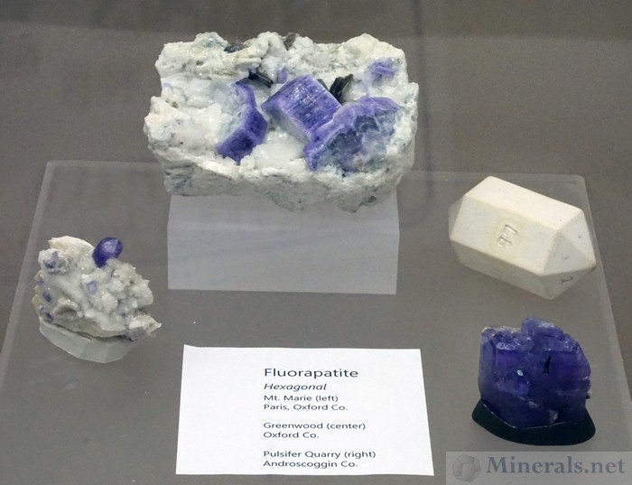 Purple Apatite from Mt. Marie (L), Greenwood (C), and the Pulsifier Quarry (R), Maine, Maine Mineral & Gem Museum