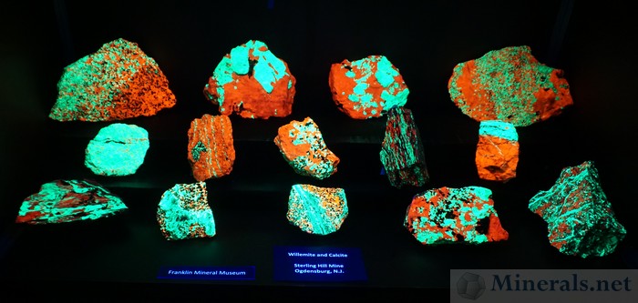 Fluorescent Willemite (Green) & Calcite (Red) from the Sterling Hill Mine, Ogdensburg, NJ, Franklin Mineral Museum