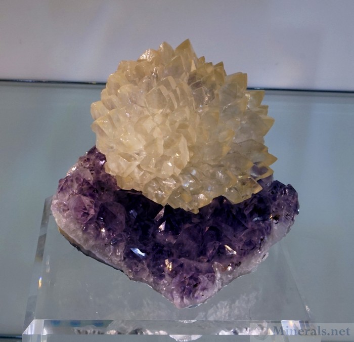 Calcite Flower on Amethyst from Artigas Uruguay, Nicholas Stolowitz Fine Minerals