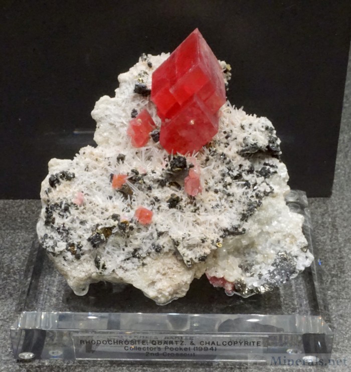 Rhodochrosite, Quartz, and Chalcopyrite from the Collectors Pocket (1994), Alma, Colorado