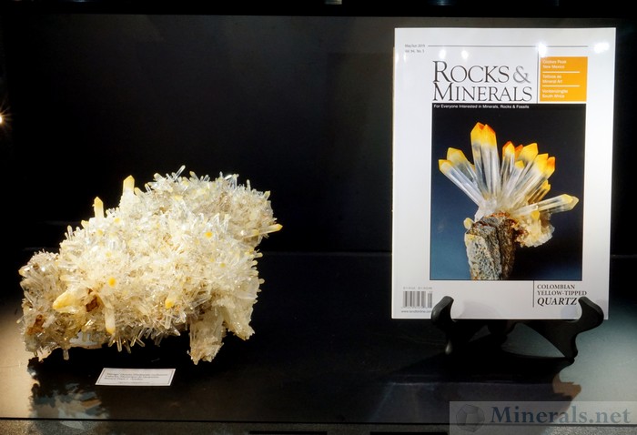 Yellow-Tipped Quartz with Halloysite Inclusions from Cabiche, Boyaca Dept, Colombia. On the Left is a Large Crystal Cluster, and on the Right is Rocks & Minerals Magazine featuring this Find: Ziga Mineral