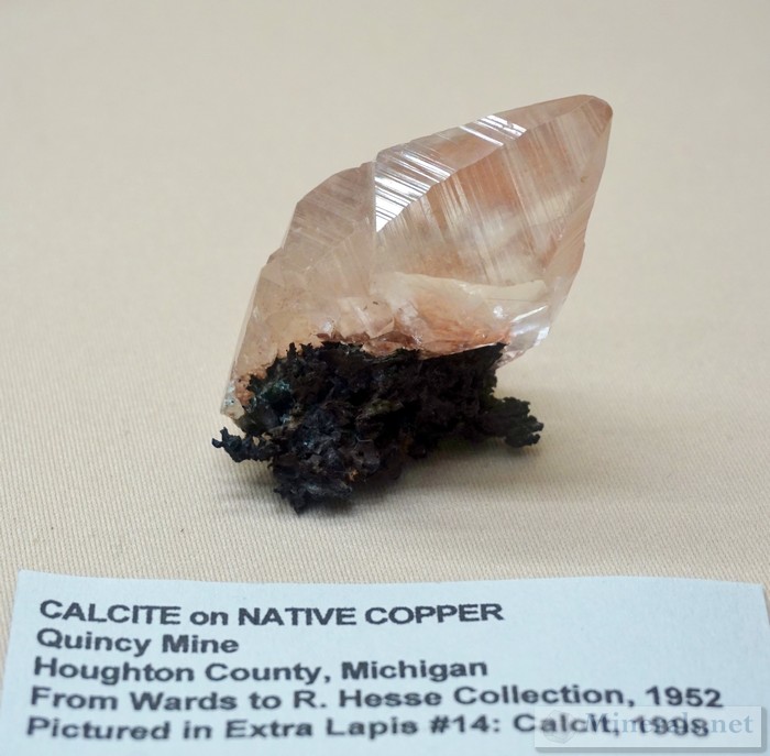 Calcite Included with Copper on Native Copper from the Quincy Mine, Houghton Co., Michigan Paul E. Desautels Memorial Case