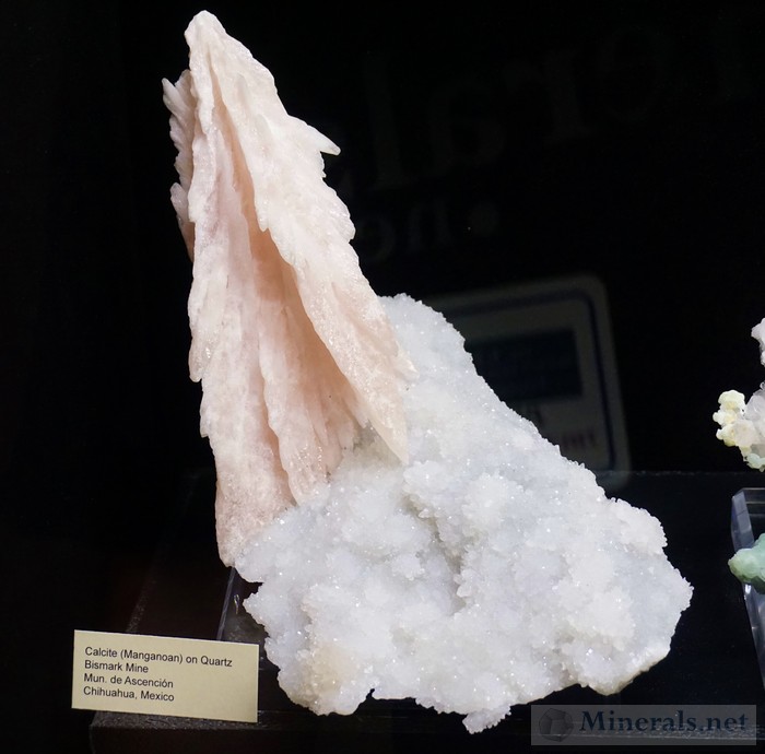 Manganoan  Calcite on Quartz from the Bismark Mine, Ascencion, Chihuahua, Mexico Tucson Show 2016