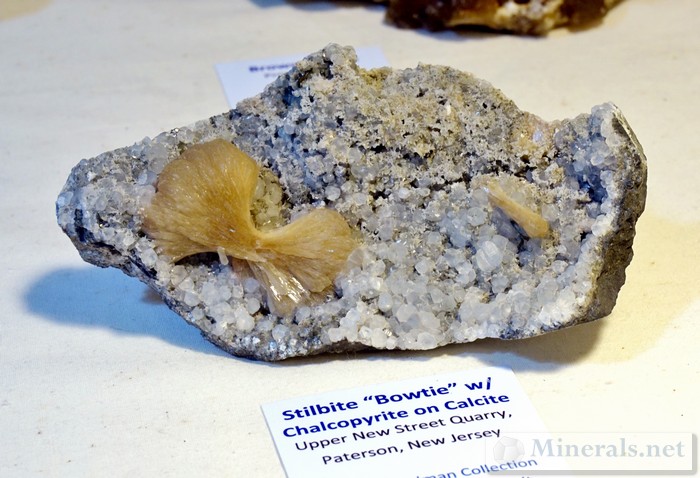 NY/NJ Edison Mineral Show Hershel Friedman Stilbite Bowtie with Chalcopyrite on Calcite from Upper New St., Paterson, NJ