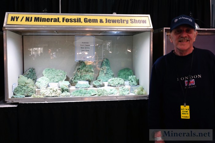 NY/NJ Edison Mineral Show Stan Parker in Front of his Display of NJ Prehnites