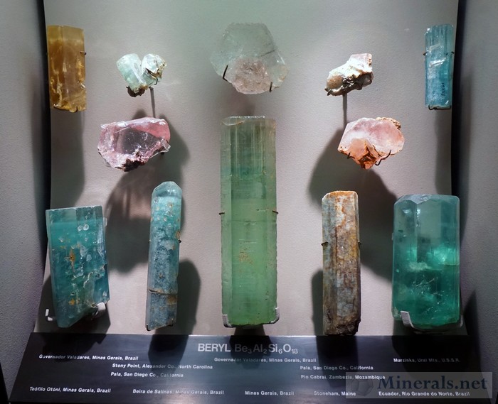 Display Case of Large Beryl Crystals