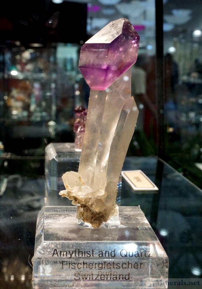 Amethyst Crystal Perched on Elongated Quartz Crystal, Fischergletscher, Switzerland
