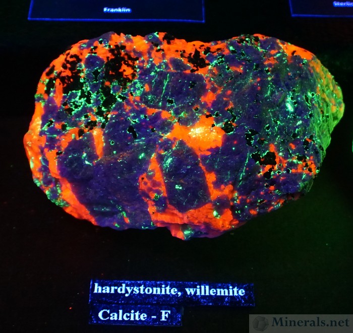 Fluorescent Hardystonite (Purple), Willemite (Green), and Calcite (Red) from Franklin, NJ, Steven M. Kuitems 