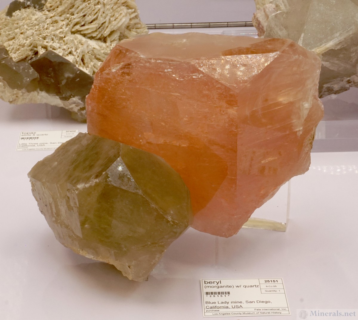 Large Beryl var. Morganite with Quartz from the Blue Lady Mine, Warner Springs, San Diego Co., CA, Natural History Museum, Los Angeles County