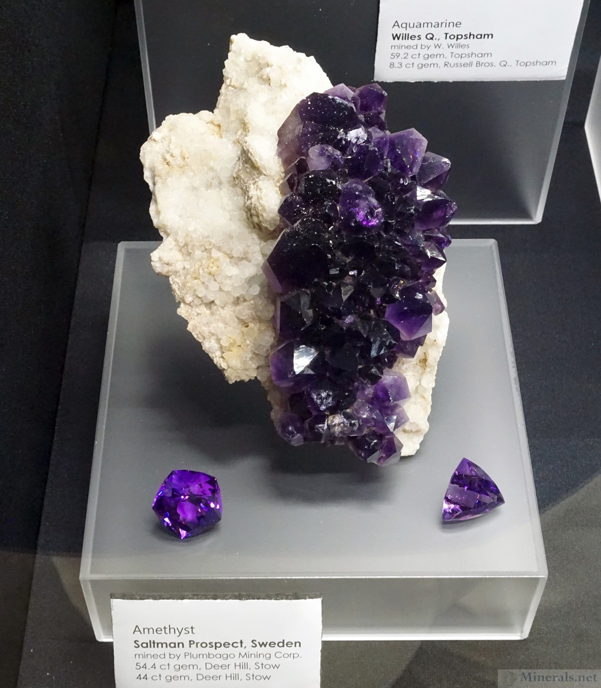 Amethyst Crystals with Cut Gemstones from the Saltman Prospect, Sweden, Oxford Co., Maine, Cut Gemstones from Deer Hill, Stow, Oxford Co., Maine Mineral & Gem Museum