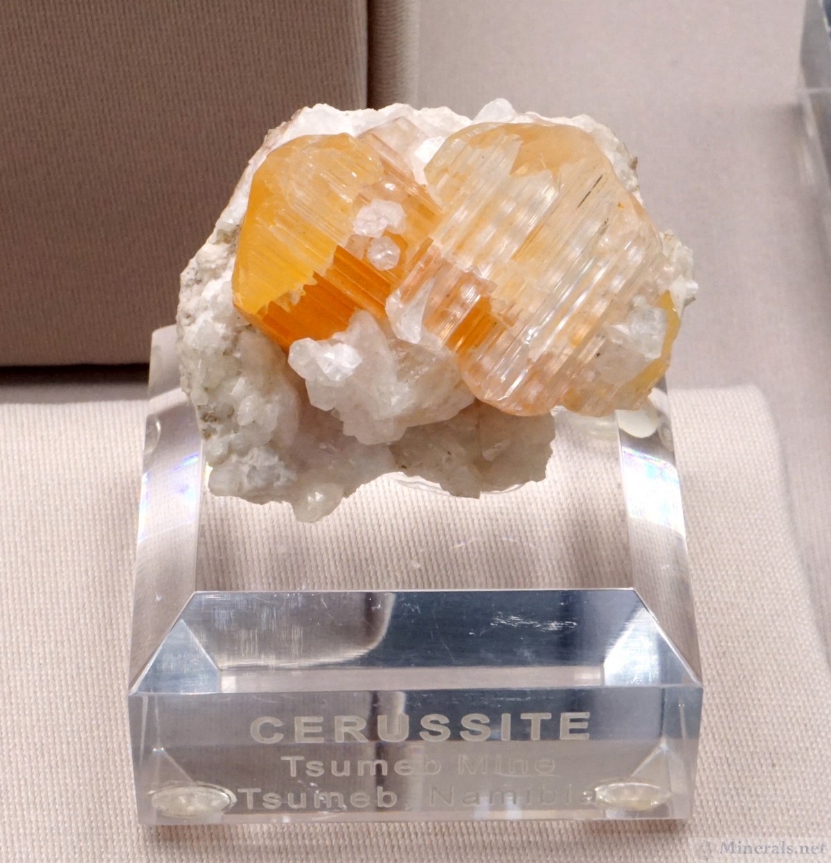 Orange Cerussite from Tsumeb, Namibia, From the Mineralogical Association of Dallas Case