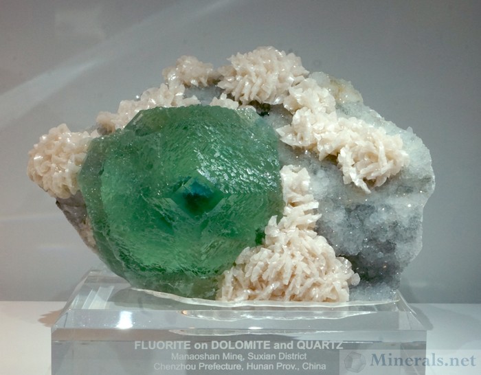 Large Green Fluorite Crystal on Dolomite and Quartz from the Manaoshan Mine, Suxian, Hunan Prov, China, The Arkenstone