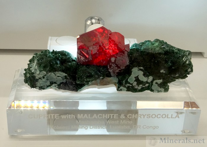 Backlit Red Cuprite Crystal with Malachite and Chrysocolla from the Mashamba West Mine, Kolwezi, DR Congo - Walt Donovan Collection