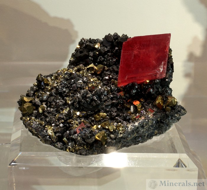 Rhodochrosite Crystal with Tetrahedrite and Chalcopyrite from Deano's Pocket, Detroit City Portal, Sweet Home Mine, Alma, CO