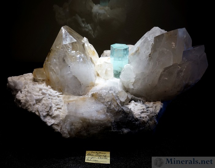 Single Large Aquamarine Crystal with Quartz from Shigar, Skardu, Pakistan, on Display