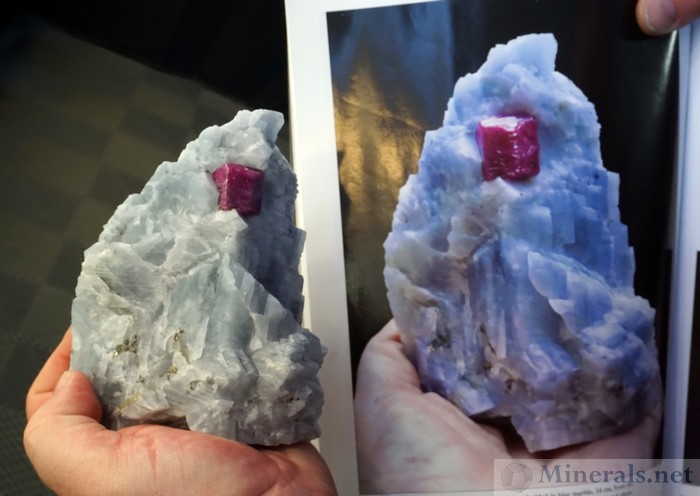Ruby Crystal in Marble on Blue Calcite, from Mogok, Burma, Specimen exhibited on the Mineralogical Record Cover, Brian Kosnar - Mineral Classics