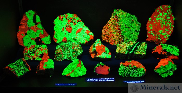 Fluorescent Green Willemite and Red Calcite Sterling Hill Mining Museum